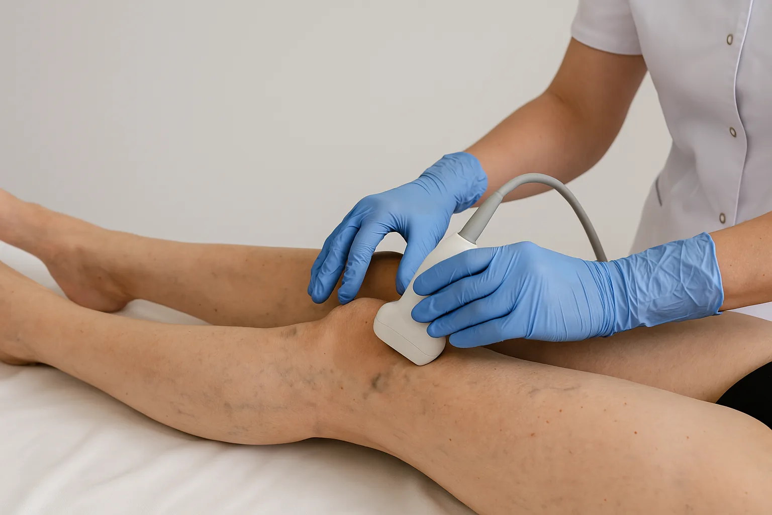 Therapist performing manual lymph drainage on a patient with leg lymphedema.