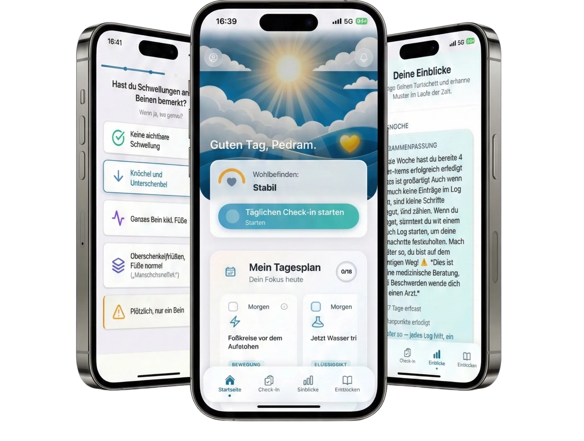 Three phones showing the LEVANA app: home and daily plan, leg check-in question, and weekly insights.