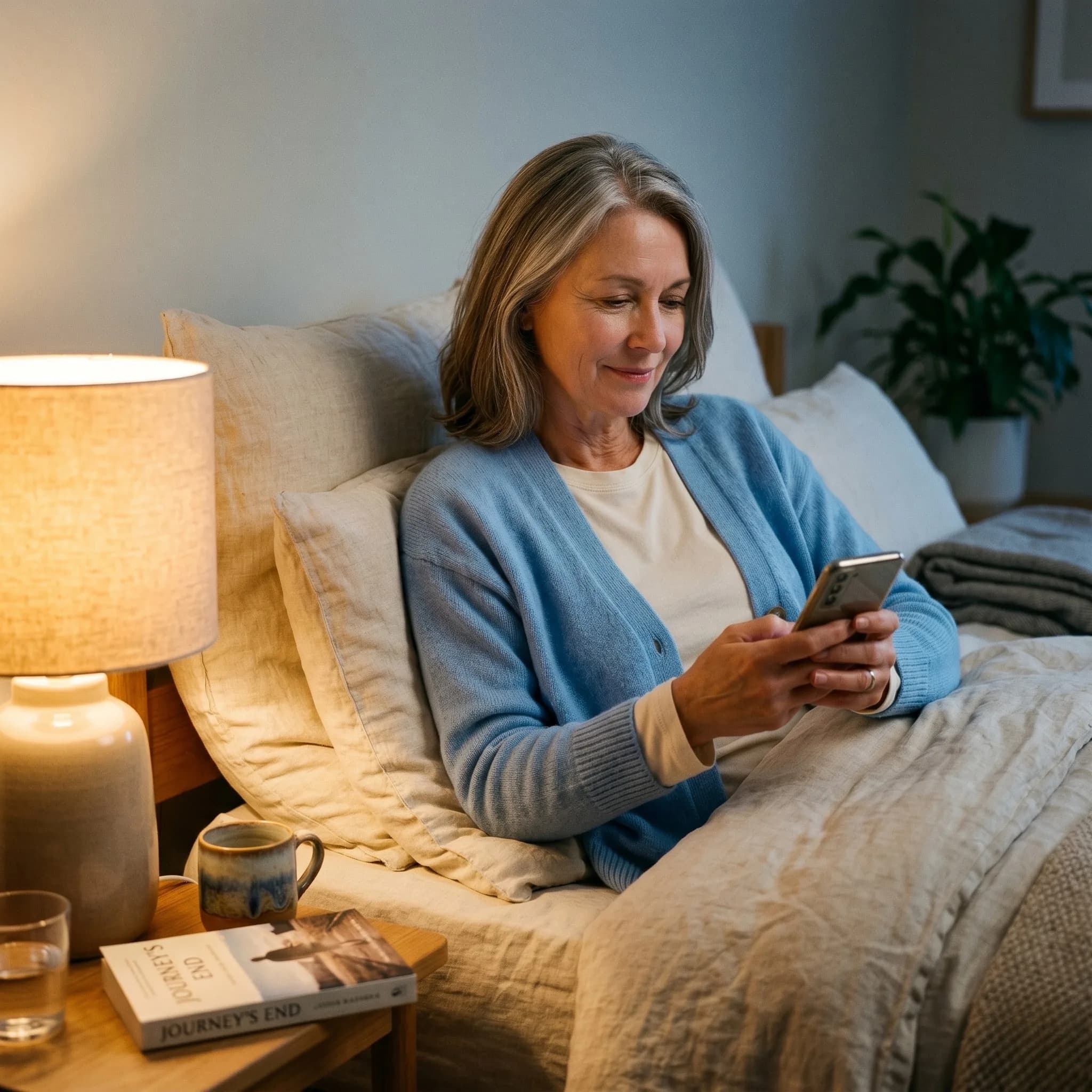 Woman in her late 50s with silver-streaked brown hair sitting up in bed in the evening, leaning against soft cream pillows. Soft pale-blue cardigan over a cream long-sleeve top. A warm bedside lamp gives gentle amber light. She holds her smartphone in both hands and reads a helpful answer with a soft, reassured smile. Mug, paperback book, and water glass on the bedside table.