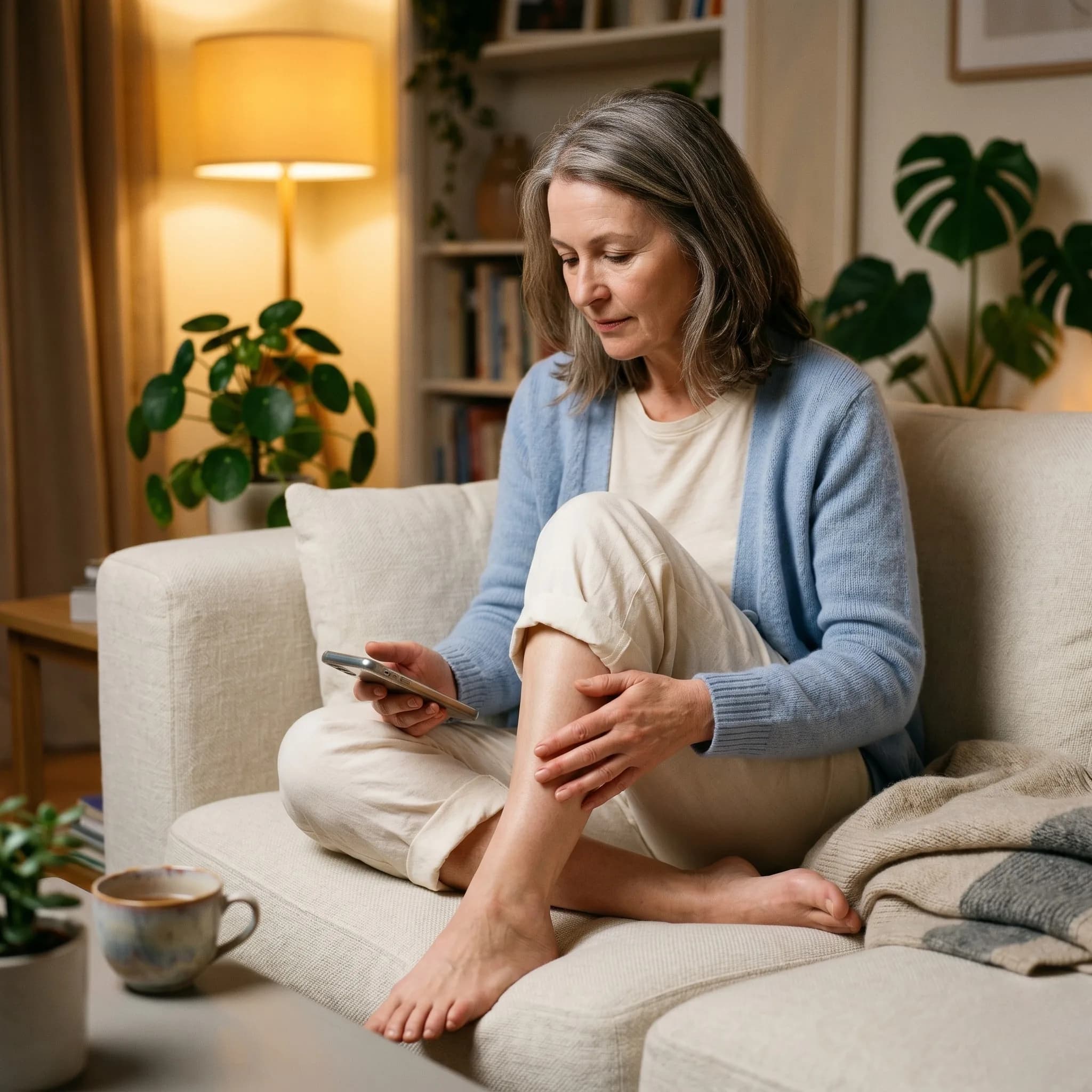 Woman in her late 50s with silver-streaked brown hair sitting comfortably on the cream sofa in her living room in the evening, one leg loosely crossed over the other. Soft pale-blue cardigan, trousers rolled up to mid-calf, barefoot. Her phone is in one hand; with the other she gently rests her hand on her own calf, sensing how it feels. Warm lamp light, quiet mood.