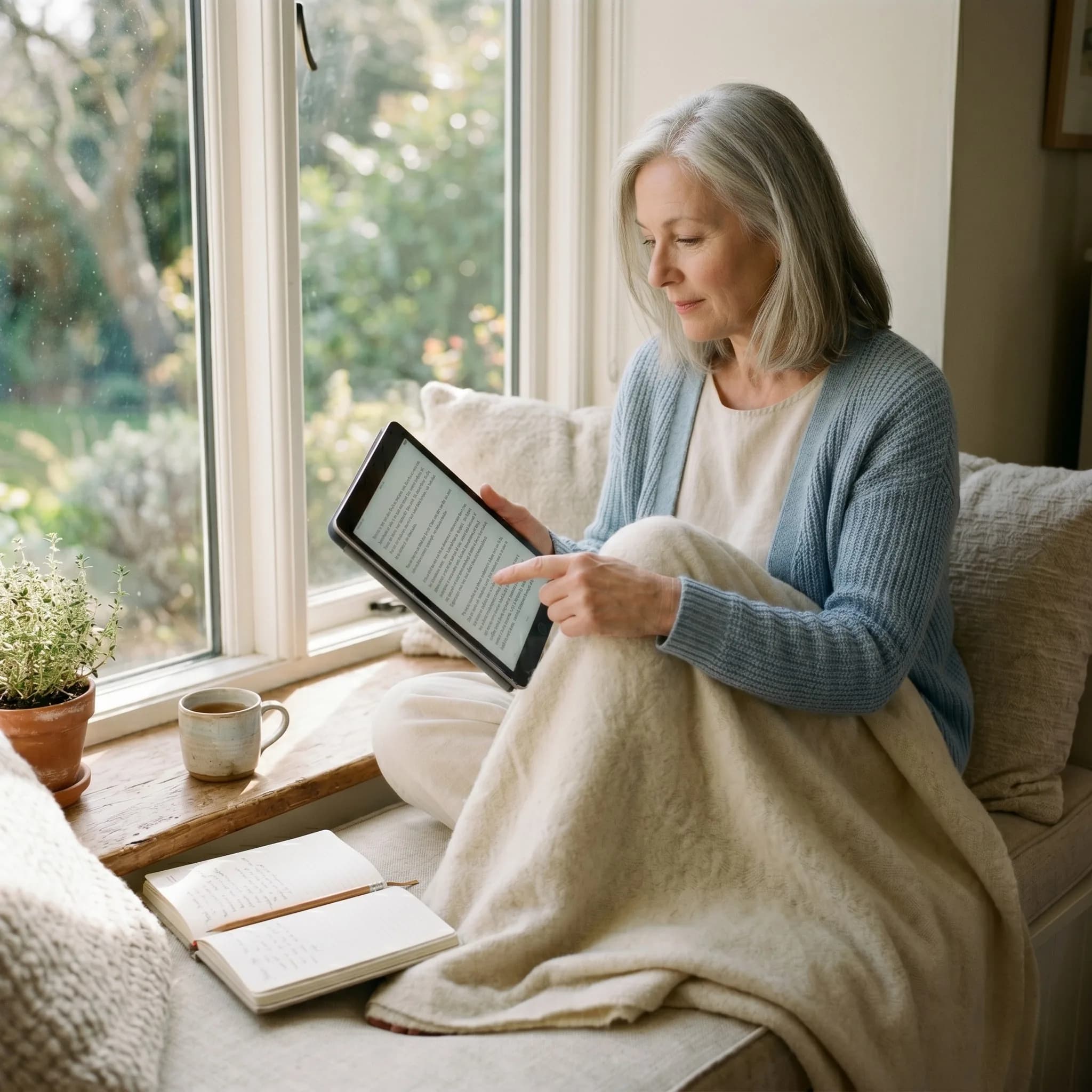 Woman in her early 60s with silver-grey hair curled comfortably on a cushioned window seat in late morning, knees gently tucked. Soft pale-blue cardigan over cream top, bare feet under a light cream blanket. She holds a tablet in both hands and scrolls calmly through a content library. A mug of tea, an open notebook, and a small potted herb in warm morning light beside her.