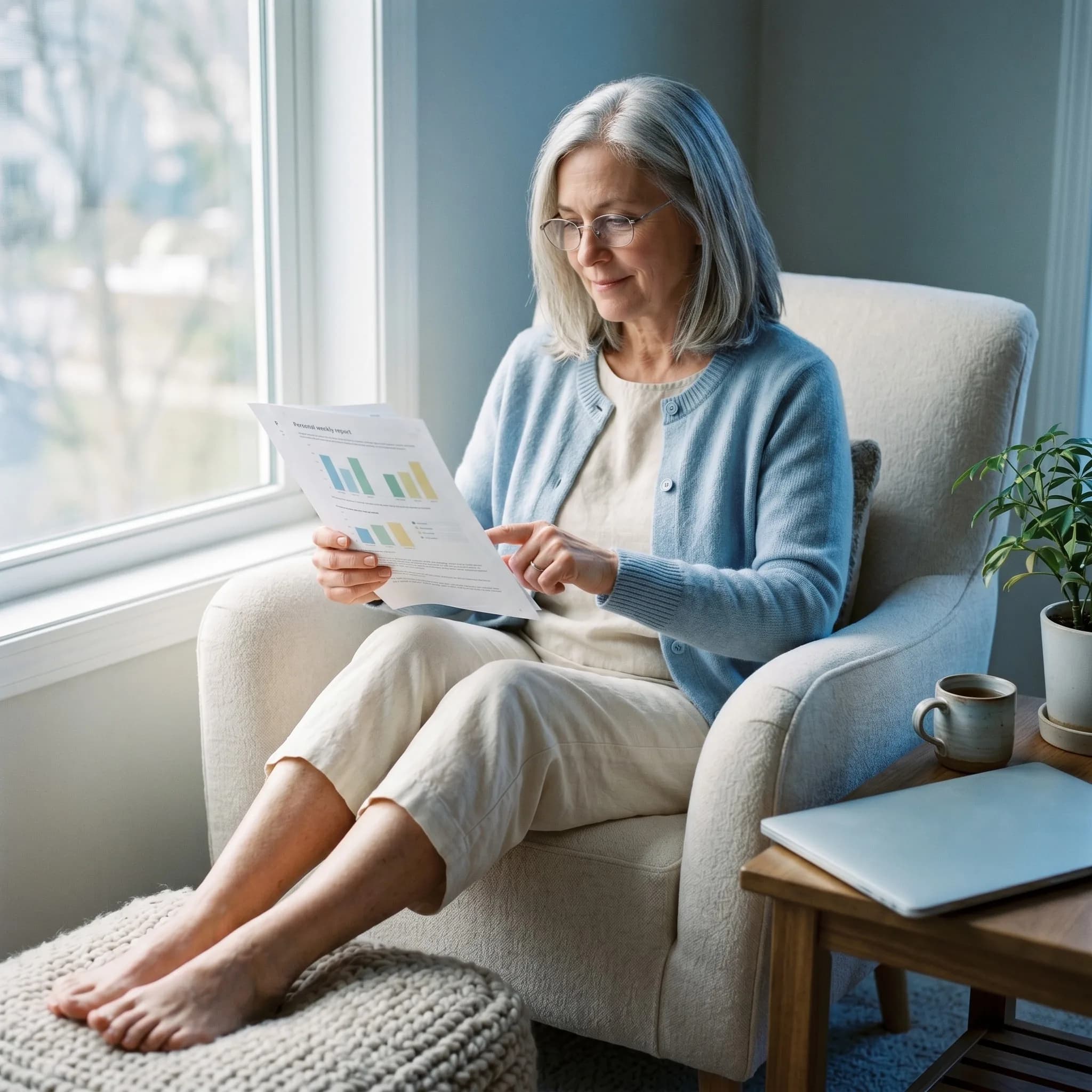 Woman in her early 60s with silver-grey hair and thin reading glasses sitting comfortably in a cream reading armchair by the window in the afternoon. Soft pale-blue cardigan over cream top, barefoot on a knit footstool. She holds a printed weekly report with simple coloured bar charts, tracing a line with her finger. Mug of tea and closed laptop on the side table.