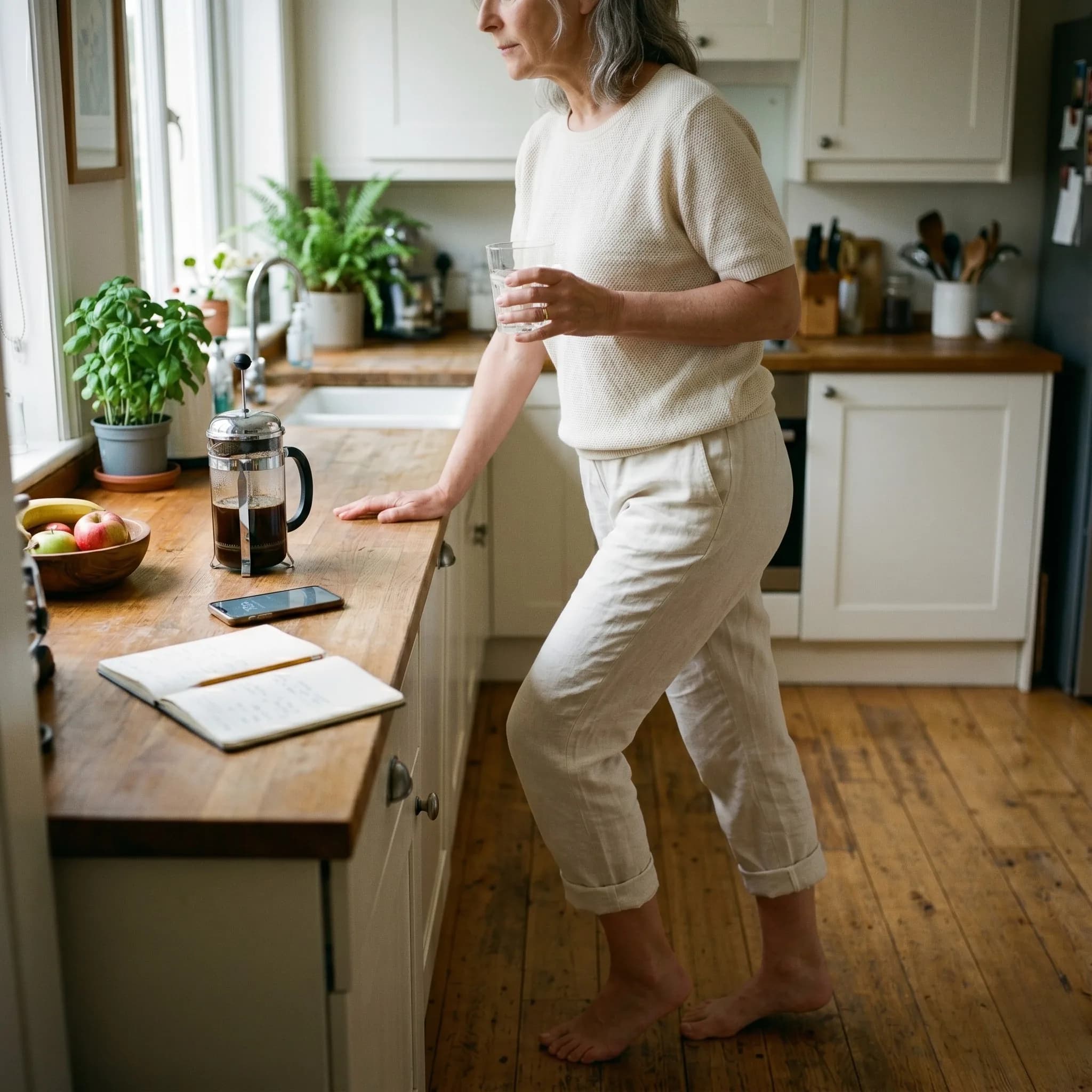 Woman in her early 60s with silver-grey hair standing at her wooden kitchen counter in the morning while a French press is brewing. Soft cream loungewear, trousers rolled up, barefoot on warm wood floor. She holds a glass of water in one hand and is doing a gentle calf stretch with her other foot. A notebook, smartphone, and a small bowl of fruit on the counter, soft morning light.