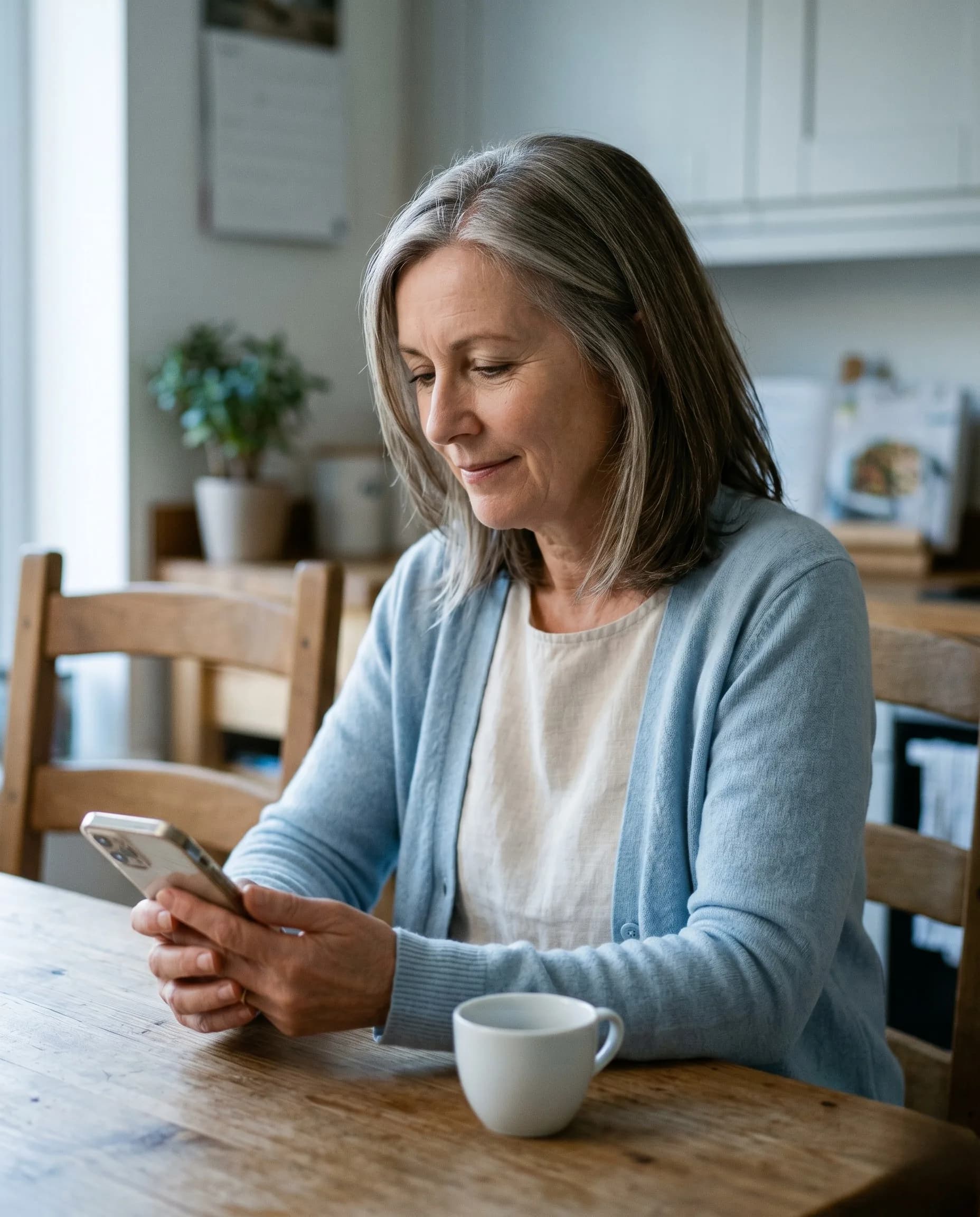 Woman in her late 50s with silver-streaked brown hair sitting at a wooden kitchen table, holding her smartphone in both hands and looking calmly at the screen. Soft pale-blue cardigan over a cream top, a small white cup on the table, gentle morning light from the window.