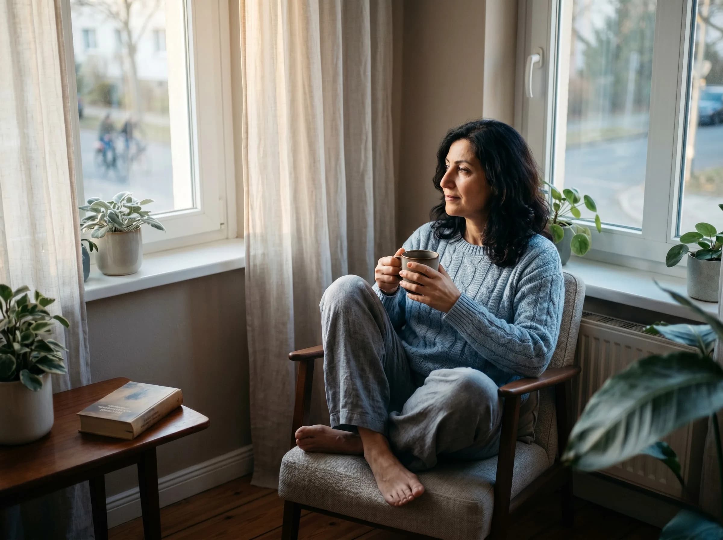 Woman in her mid-50s with dark hair in a soft pale blue knit sweater, sitting barefoot in an armchair by the window, holding a mug in both hands and looking calmly outside. Plants and a book on the side table.