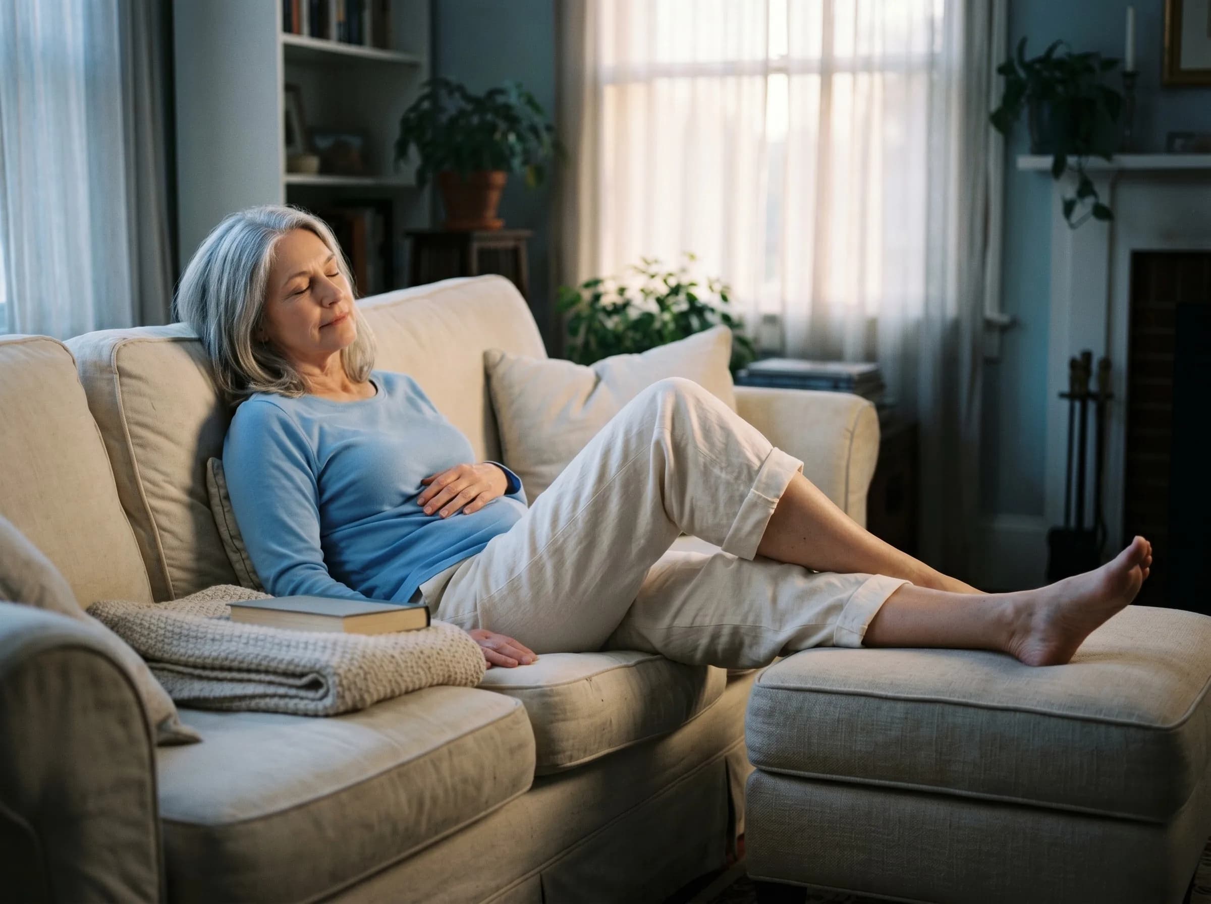 Woman in her early 60s with silver-grey hair lying back on a cream sofa, legs gently elevated. Sky-blue top, cream linen trousers rolled up, barefoot. Book and folded blanket beside her, soft evening light.